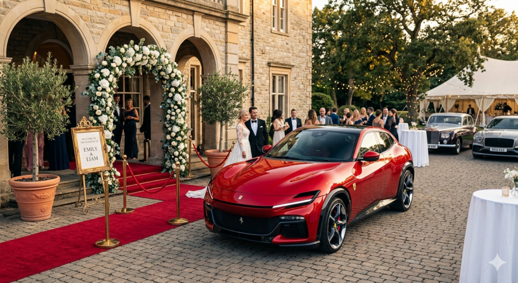 Luxury SUV wedding transportation Los Angeles VIP event chauffeur Ferrari Purosangue service