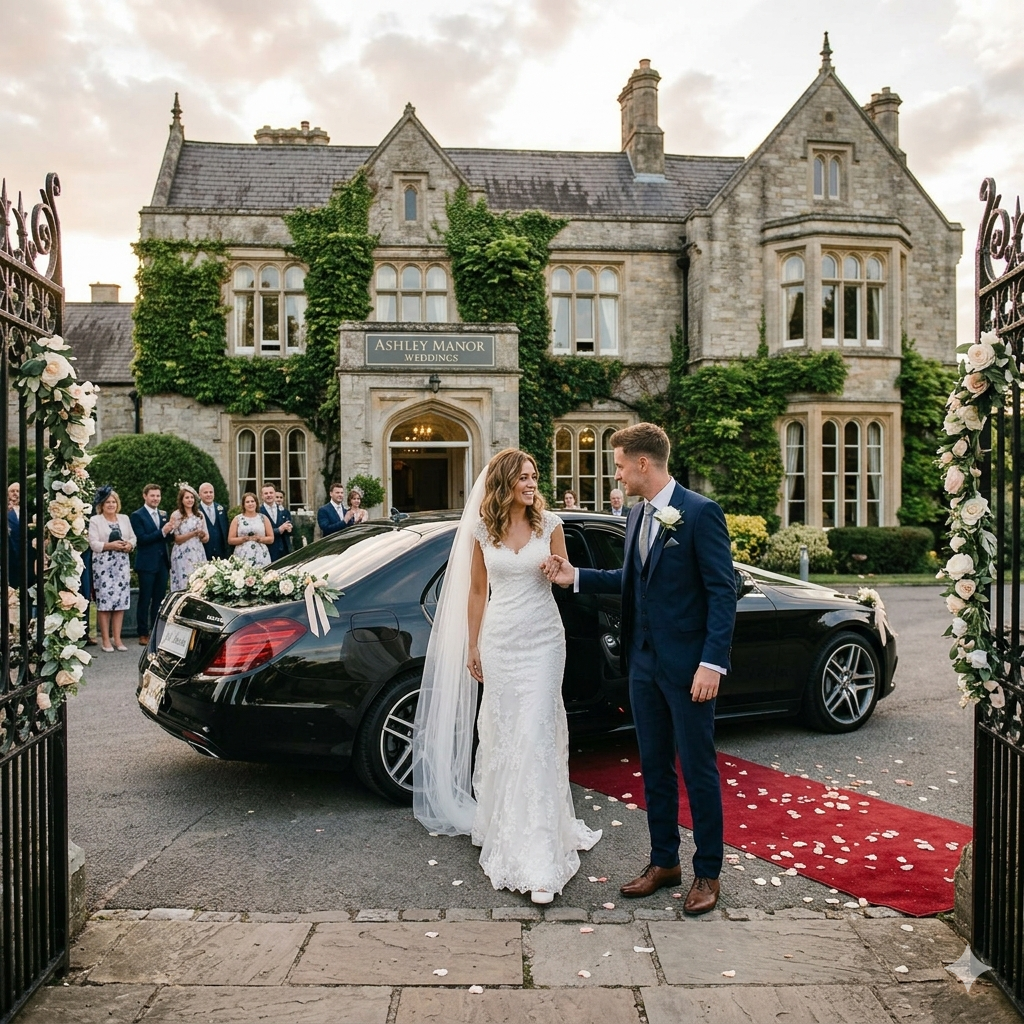 Bride and groom arriving with wedding limo service in Los Angeles