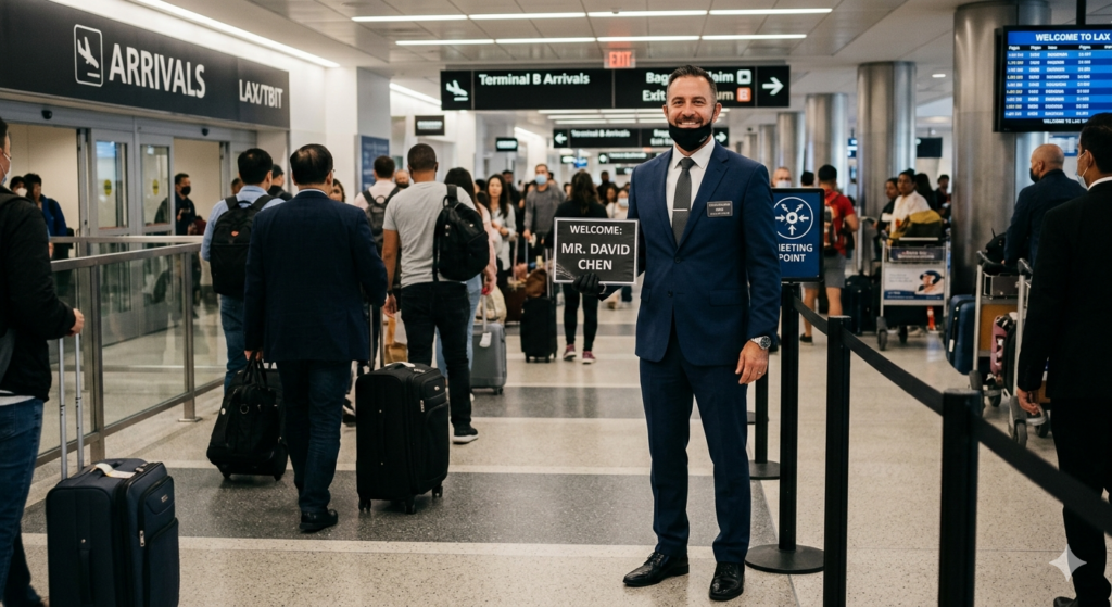 Professional VIP Dept chauffeur holding name sign at LAX airport arrivals terminal for lax airport transfer