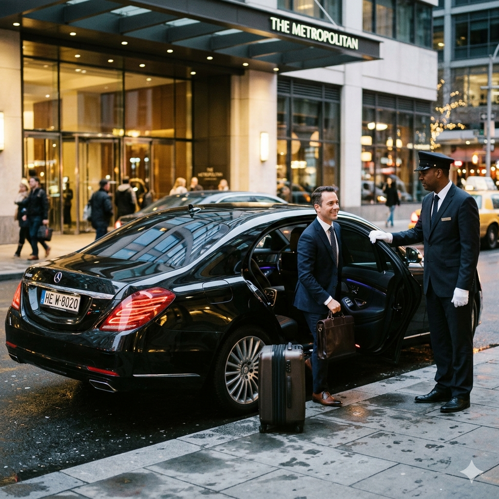 Executive in suit entering luxury sedan for corporate airport transfer at Long Beach Airport