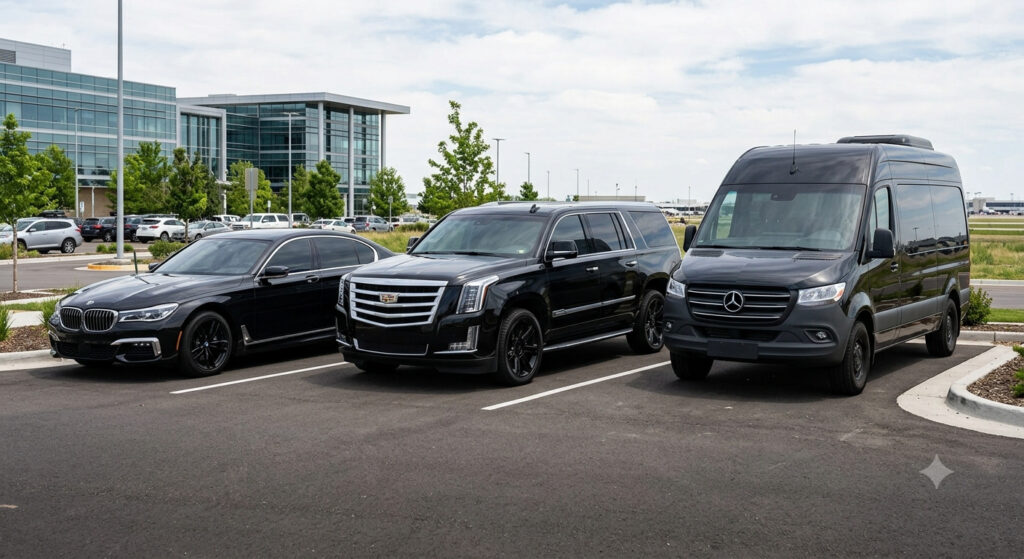 Vip Dept concert transportation fleet: sedan, Escalade, and Sprinter van
