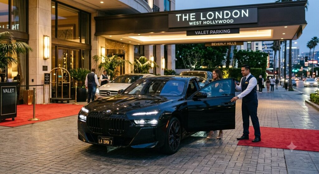 Chauffeur opening car door by providing hotel transportation service los Angeles