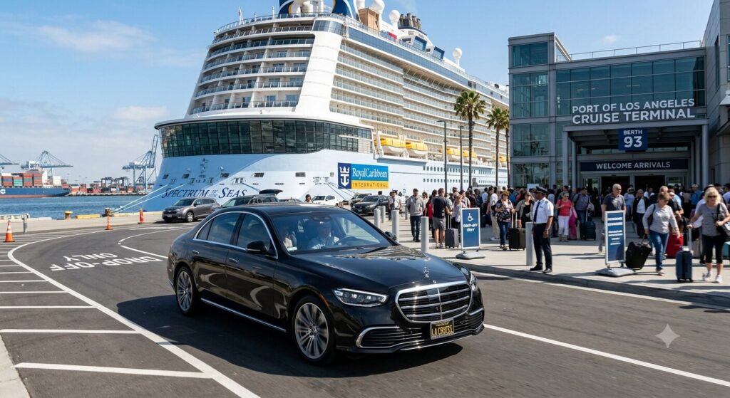 Luxury VIP Dept SUV arriving for cruise transportation in Los Angeles at the port terminal