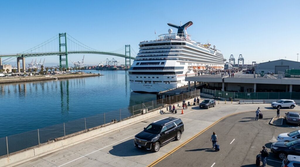 VIP Dept luxury vehicle at the World Cruise Center in San Pedro for Los Angeles cruise transportation